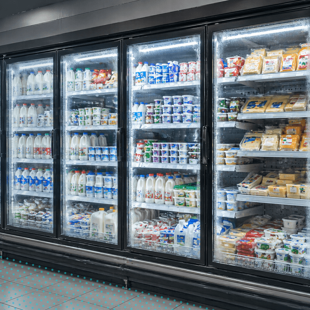 A commercial freezer aisle inside a grocery store.