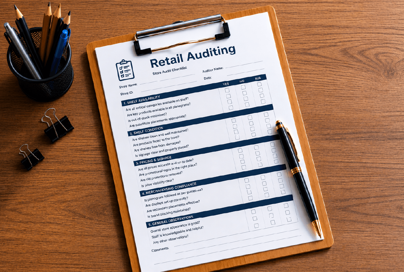 A clipboard and pen on a desk representing manual retail auditing.