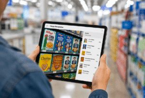 A retail manager using a digital tablet in a store aisle.