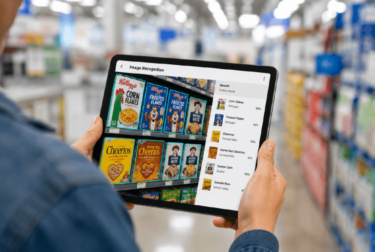 A retail manager using a digital tablet in a store aisle.