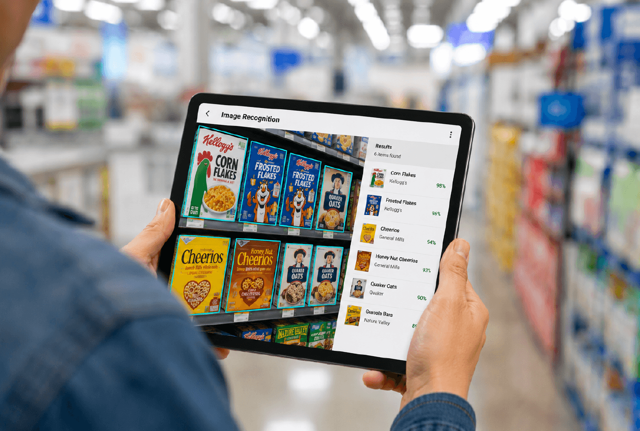 A retail manager using a digital tablet in a store aisle.