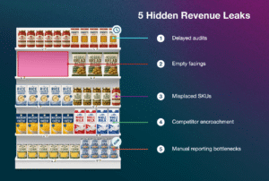Split retail shelf showing ideal planogram execution versus messy real-world shelf conditions