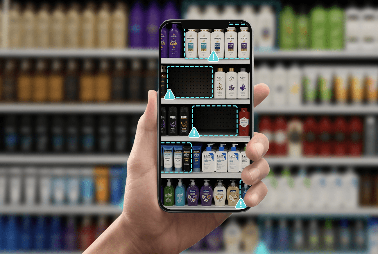 Field rep scanning a retail shelf with AI-powered planogram compliance technology