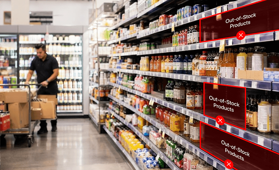 Grocery store shelf showing direct store delivery execution issues including out-of-stocks, incomplete displays, and merchandising gaps.