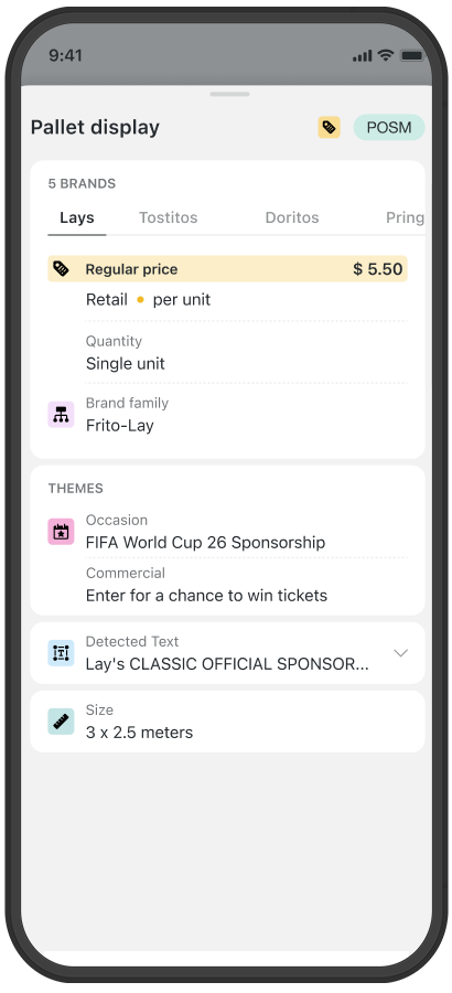 GoSpotCheck POSM compliance AI results screen showing detected pricing, brand, and campaign data.
