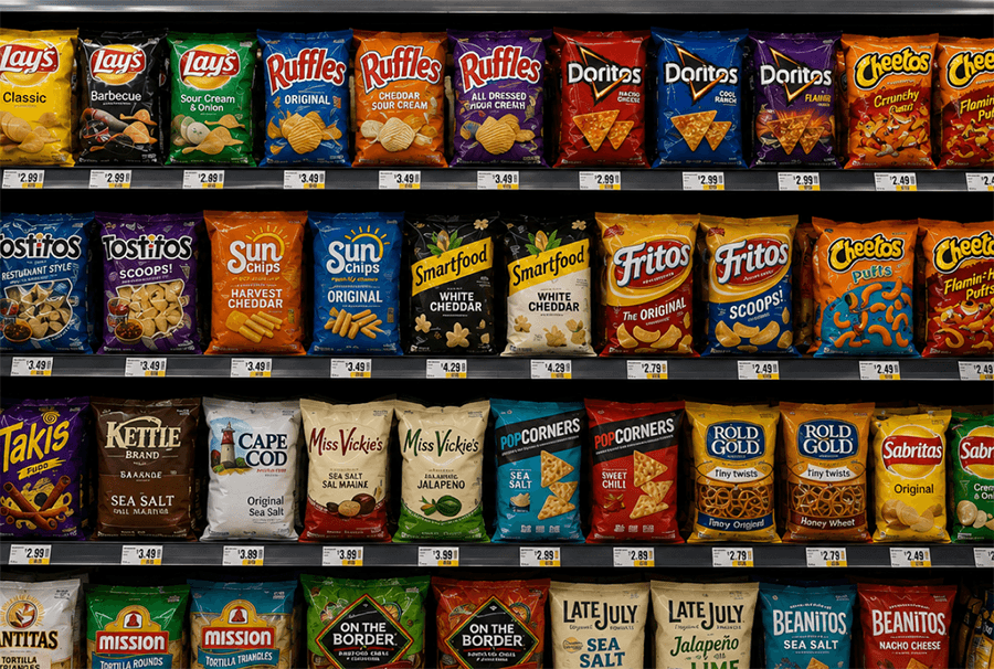Grocery shelf showing high-priority products positioned at eye level for maximum visibility.