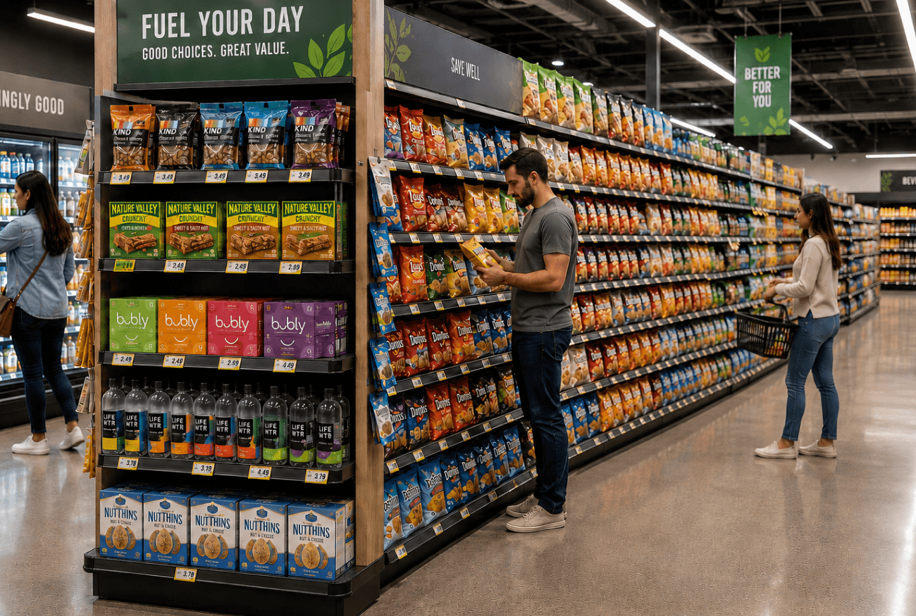 Grocery store aisle featuring eye-level product placement, endcap displays, and cross-merchandising designed to influence shopper purchases.