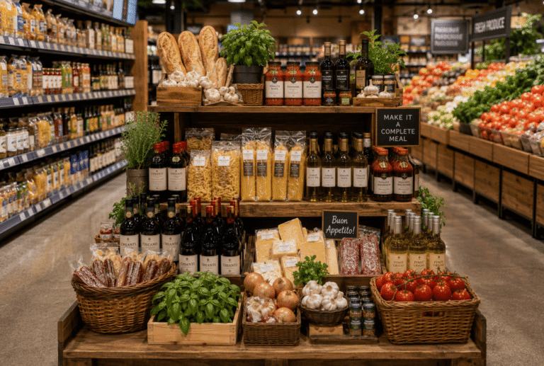 Grocery store cross-merchandising display featuring pasta, sauce, cheese, and wine grouped together as a meal solution.