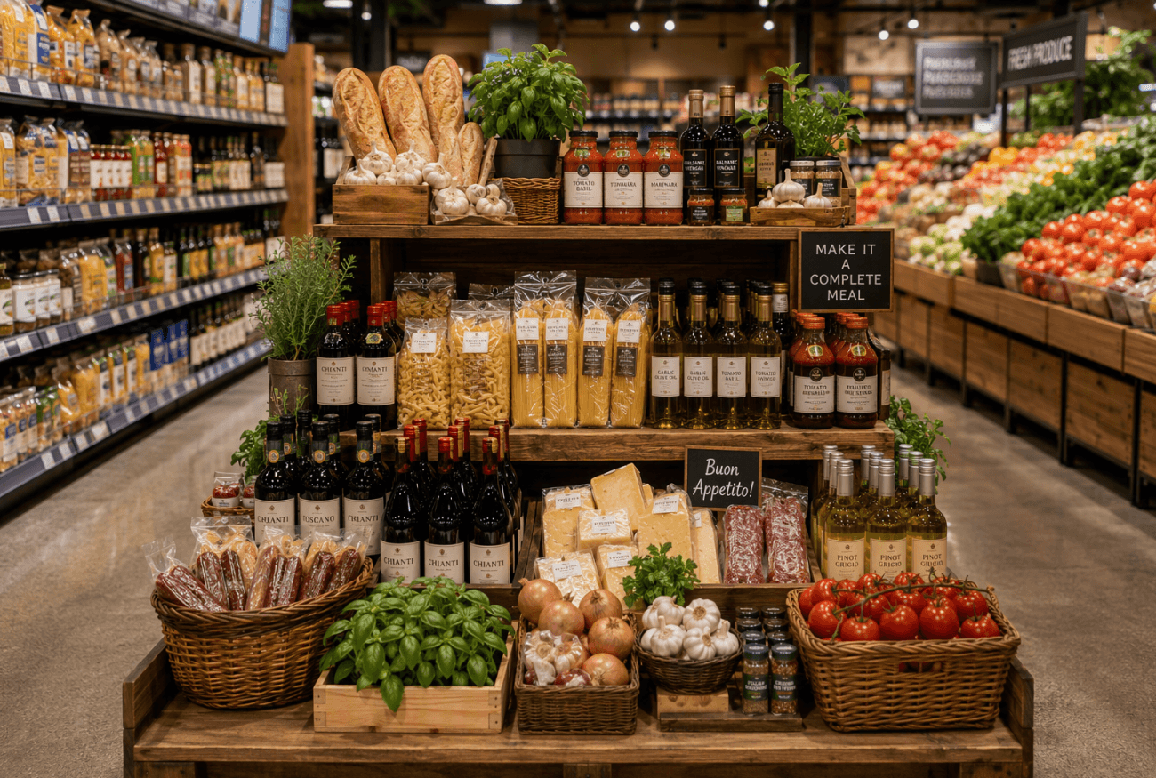 Grocery store cross-merchandising display featuring pasta, sauce, cheese, and wine grouped together as a meal solution.