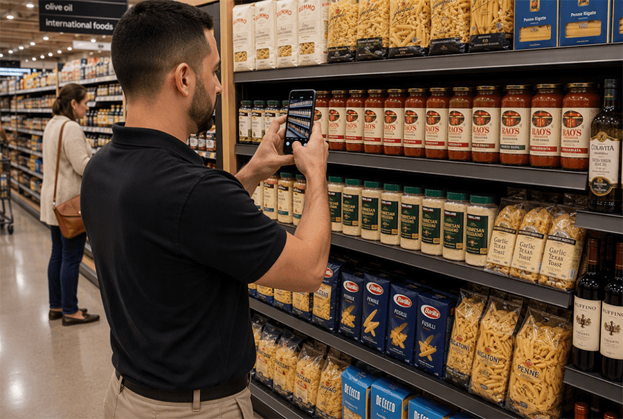 Grocery store secondary display showing missing products and merchandising compliance issues after a placement has deteriorated.