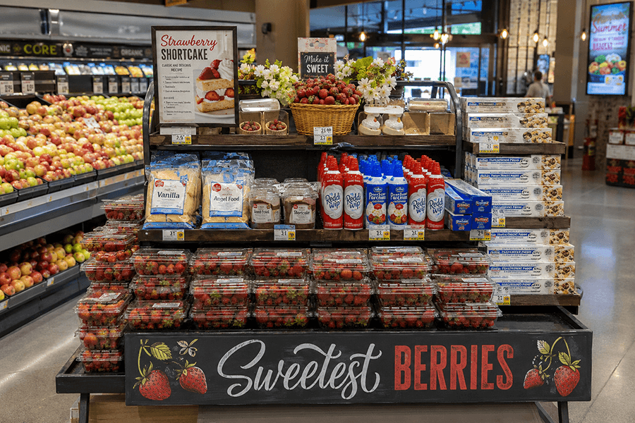 Produce department display pairing fresh strawberries with complementary products to encourage additional purchases.