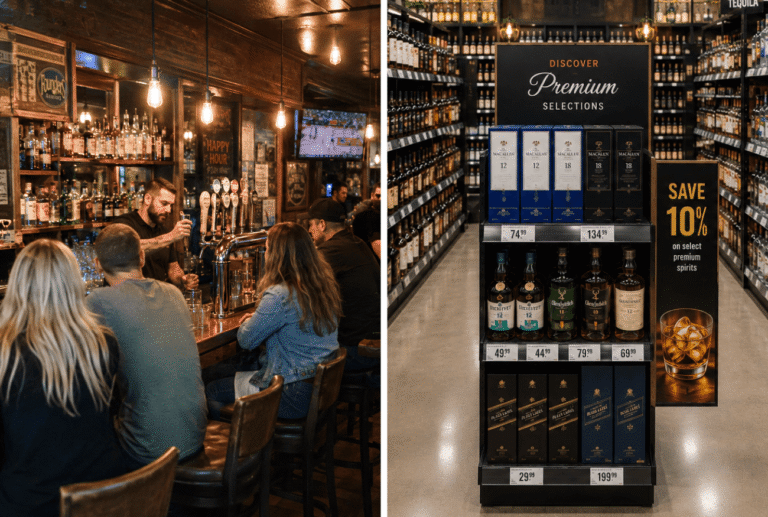 Split image showing a bar environment alongside a liquor store beer and spirits aisle, illustrating on-premise and off-premise alcohol sales channels.
