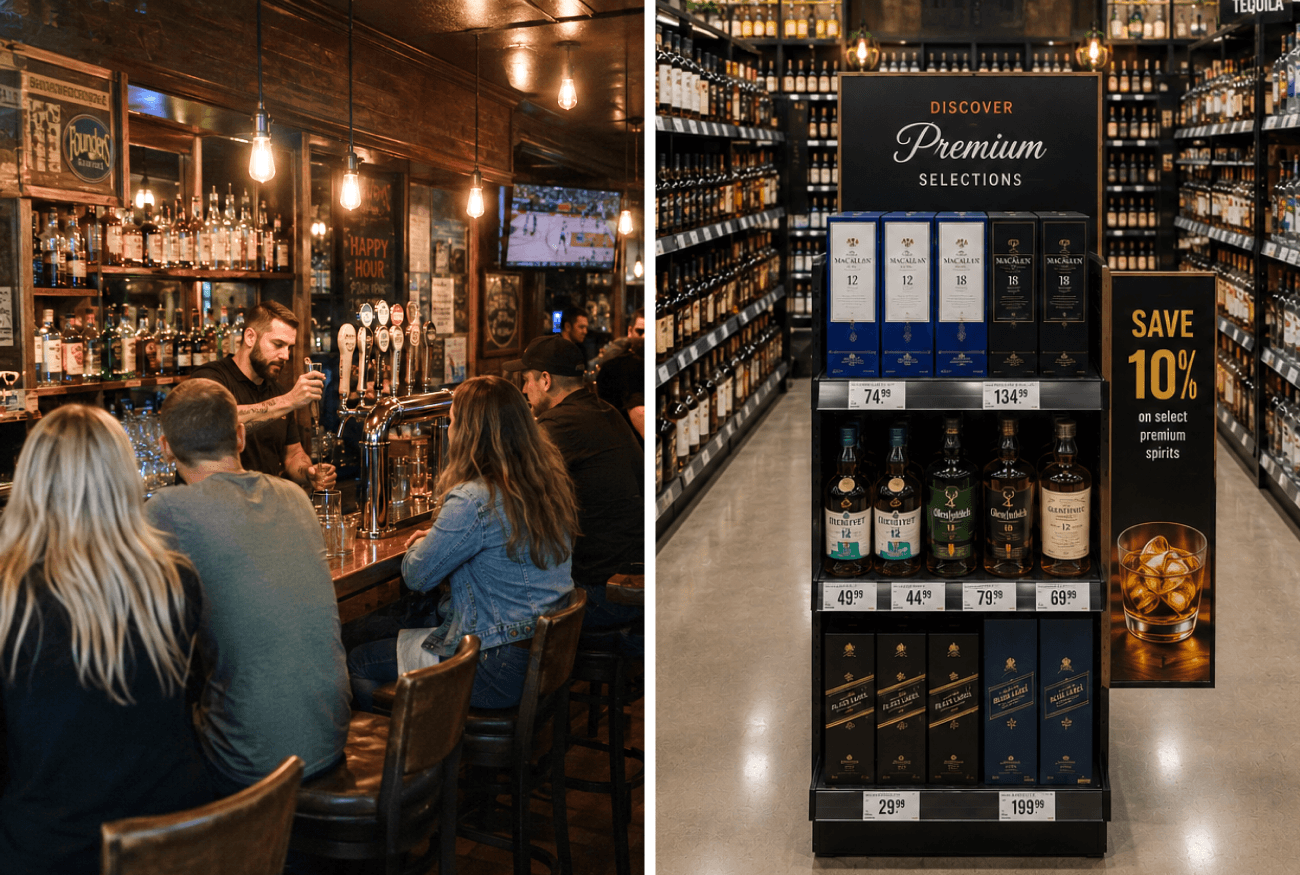 Split image showing a bar environment alongside a liquor store beer and spirits aisle, illustrating on-premise and off-premise alcohol sales channels.