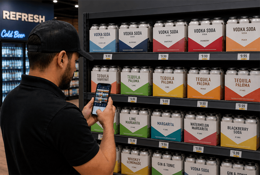 Beverage merchandising representative using mobile technology to verify promotional compliance and report field execution data.