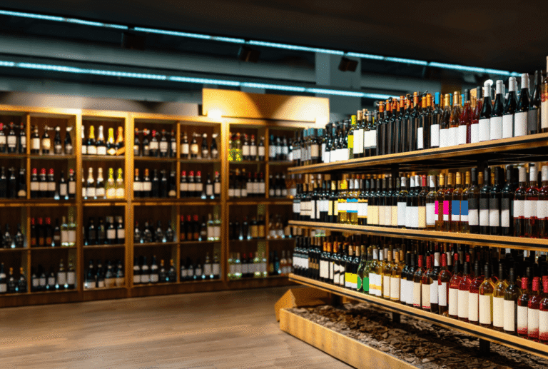 Well-merchandised liquor store featuring organised shelves, premium displays, and strong product visibility.