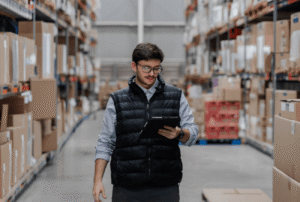 Retail field rep checking inventory data on a tablet inside a grocery store backroom.