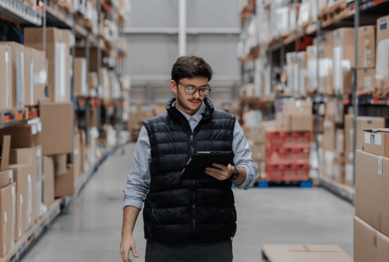 Retail field rep checking inventory data on a tablet inside a grocery store backroom.
