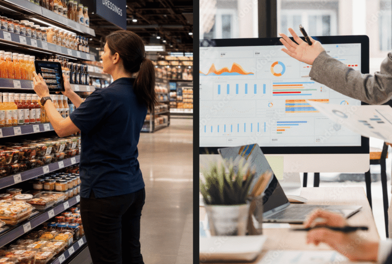 Grocery category managers using real-time shelf data and retail execution software to optimize product assortments.